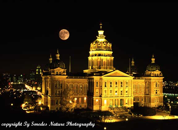 Iowa State Capitol with full moon