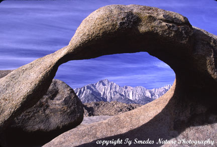 A view of the Sierras through an Alabama Hills Arch